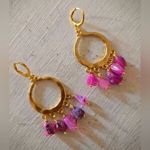 Genuine Ethiopian Pink Fire Opals In Hammered Gold Plated Empress Hoops